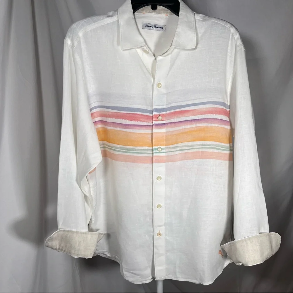 Tommy Bahama Men's Stripe-Print Long Sleeve Linen Shirt White Medium‎ Beach
